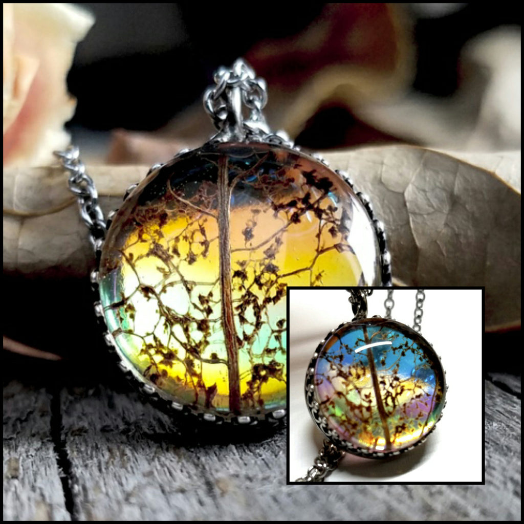 Crown Bezel Set Leaf Necklace Glass Terrarium